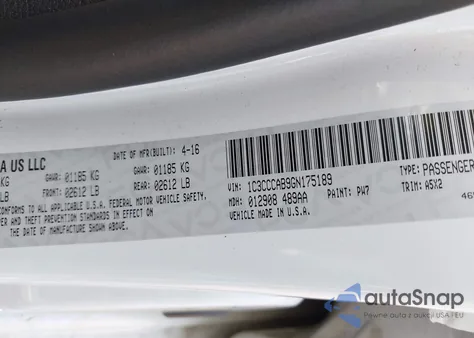 2016 Chrysler 200 Limited z USA, uszkodzony, nr VIN 1C3CCCAB9GN175189